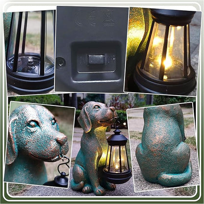 Solar Dog Garden Statue with Lantern - 9.4-Inch Resin Outdoor Decor