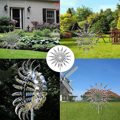 3D Kinetic Metal Wind Spinners – 2-Pack Tall Silver Dual-Tier Garden Sculpture | 12.2"x38" Counter-Rotating | Yard & Patio Decor