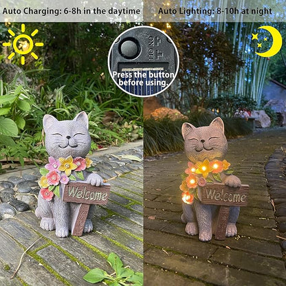 Cat Solar Garden Statue with Welcome Sign and LED Flowers - Weatherproof Resin Decor