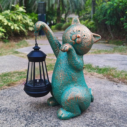 Solar Cat Garden Statue Holding Lantern - Resin Outdoor Decor with Warm Welcoming Glow