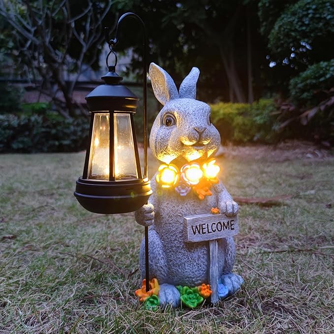 Solar Rabbit Garden Statue with Lantern and Flowers - 12-Inch UV-Resistant Resin Outdoor Decor
