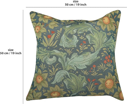 19x19 in square blue floral tapestry pillow cover, botanical foliage woven pattern