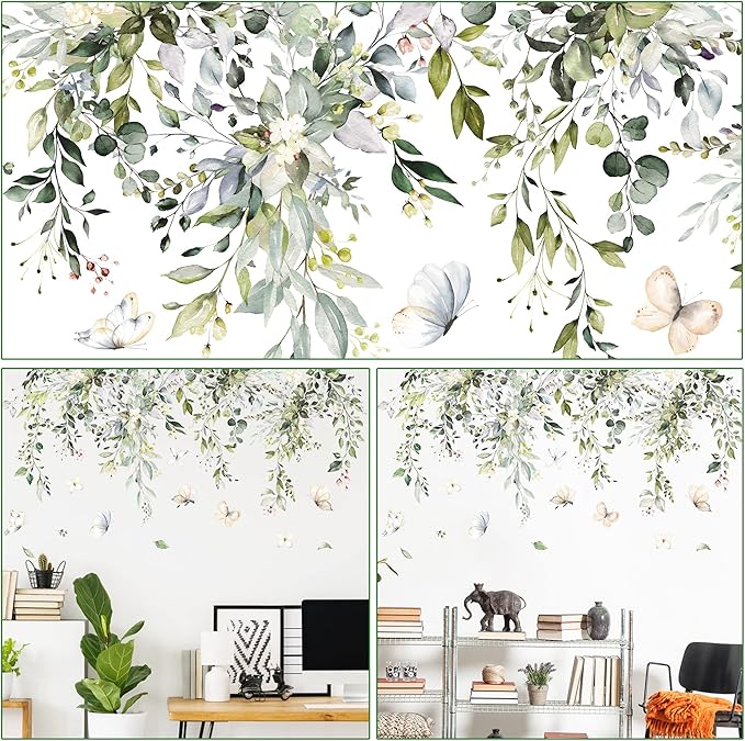 Hanging botanical wall decal with green leaves, cream flowers, and butterflies