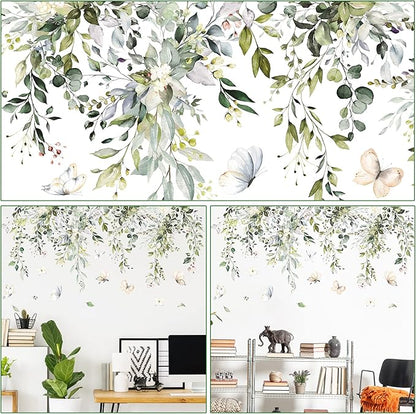 Hanging botanical wall decal with green leaves, cream flowers, and butterflies
