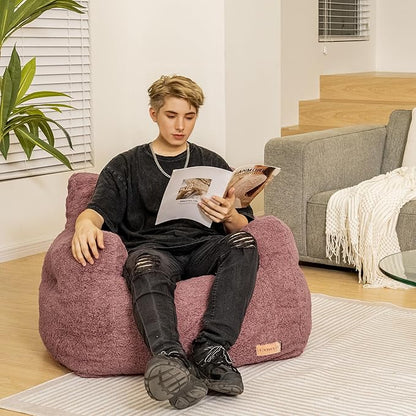 Mauve Teddy Faux Fur Bean Bag Armchair - Soft Memory Foam Reading Chair for Kids Room, Teen Bedroom, Reading Corner, and Toddler Story Time
