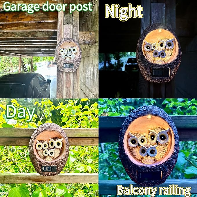 Solar Owl Family Garden Statue - Hanging Tree Hollow Resin Sculpture with Dual LED Amber Glow