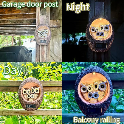 Solar Owl Family Garden Statue - Hanging Tree Hollow Resin Sculpture with Dual LED Amber Glow