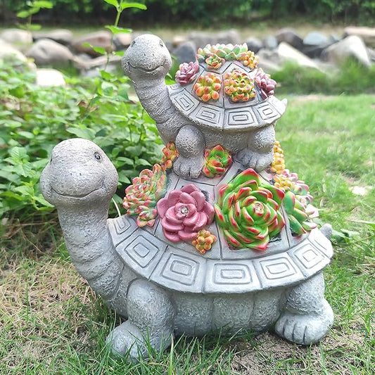 Mother and Baby Turtle Solar Garden Light - Hand-Painted Resin Figurine with 6 Warm White LEDs for Garden, Lawn, Patio, and Balcony