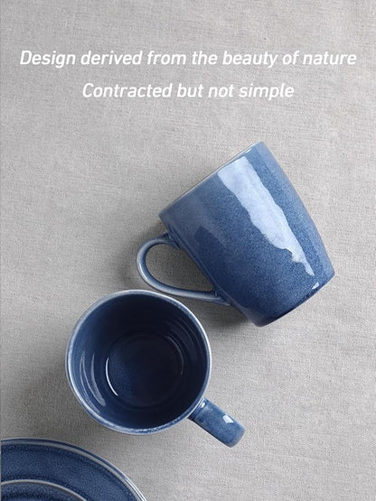 Aurora Reactive Glaze Stoneware Mugs – Set of 4 | 14oz Lagoon Blue | Handcrafted Artisan Coffee Mugs for Latte, Cappuccino & More