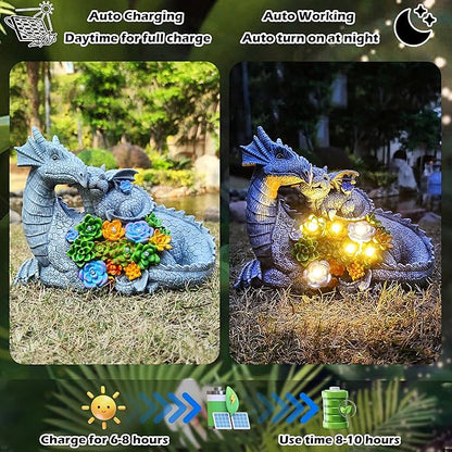 Solar LED dragon garden statue with succulent flowers, shown in day and night lighting