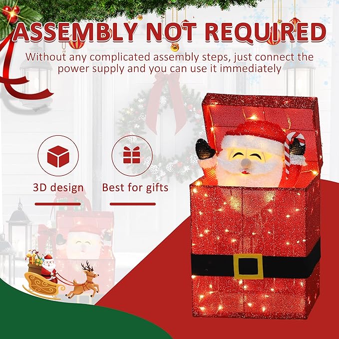 3D red glitter Santa Claus gift box decor with preassembled design and warm lights