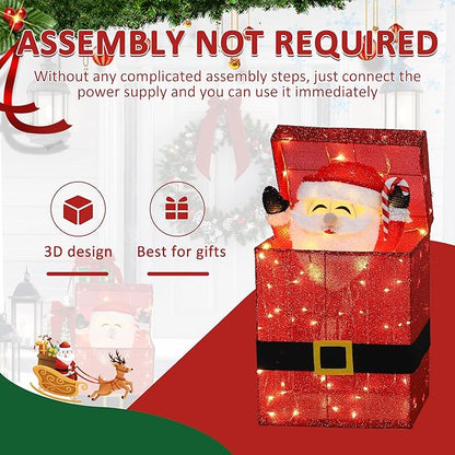 3D red glitter Santa Claus gift box decor with preassembled design and warm lights