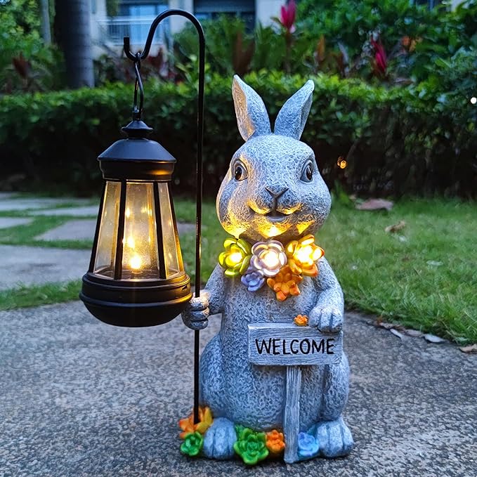 Solar Rabbit Garden Statue with Lantern and Welcome Sign - Resin Outdoor Decor