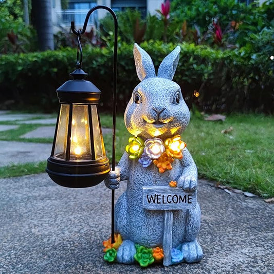 Solar Rabbit Garden Statue with Lantern and Welcome Sign - Resin Outdoor Decor