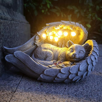 Solar Angel Cat Memorial Statue with LED Light - Resin Pet Remembrance Decor