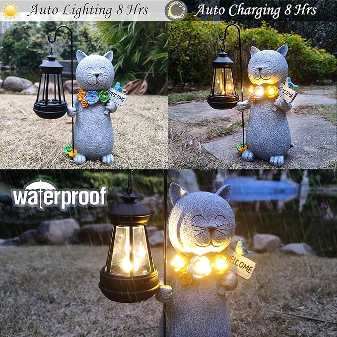 Solar Cat Garden Statue with Lantern and Flowers - 12-Inch UV-Resistant Resin Outdoor Decor