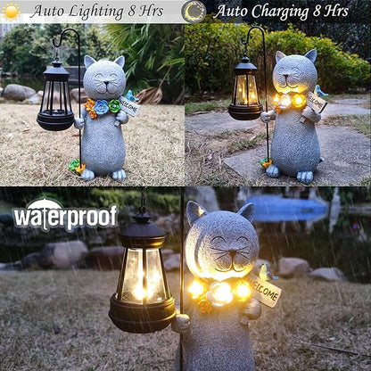 Solar Cat Garden Statue with Lantern and Flowers - 12-Inch UV-Resistant Resin Outdoor Decor