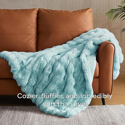 Blue Faux Fur Queen Blanket – 90"x90" | 750GSM Wavy Bubble Texture | Bold Sophisticated Plush Throw for Bed, Sofa & Chaise Lounge