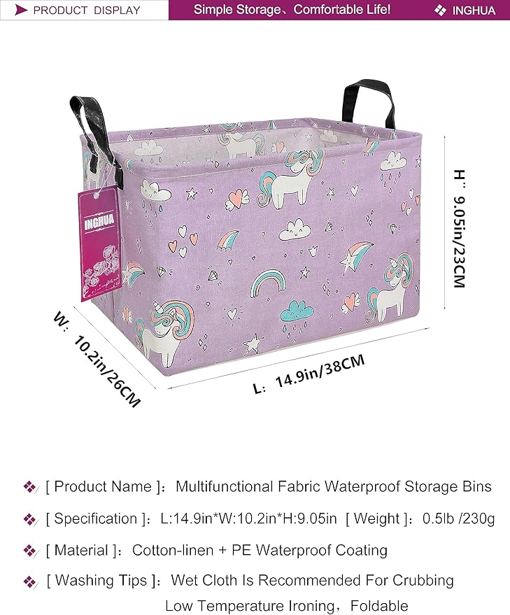 Purple rectangular storage bin with unicorn pattern and two black loop handles.