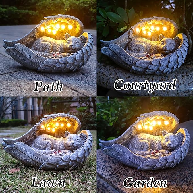 Solar Angel Cat Memorial Statue with LED Light - Resin Pet Remembrance Decor