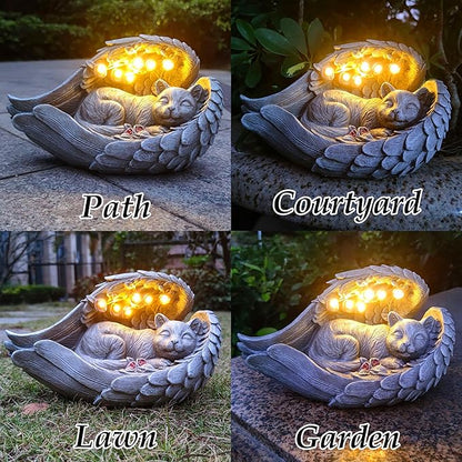 Solar Angel Cat Memorial Statue with LED Light - Resin Pet Remembrance Decor