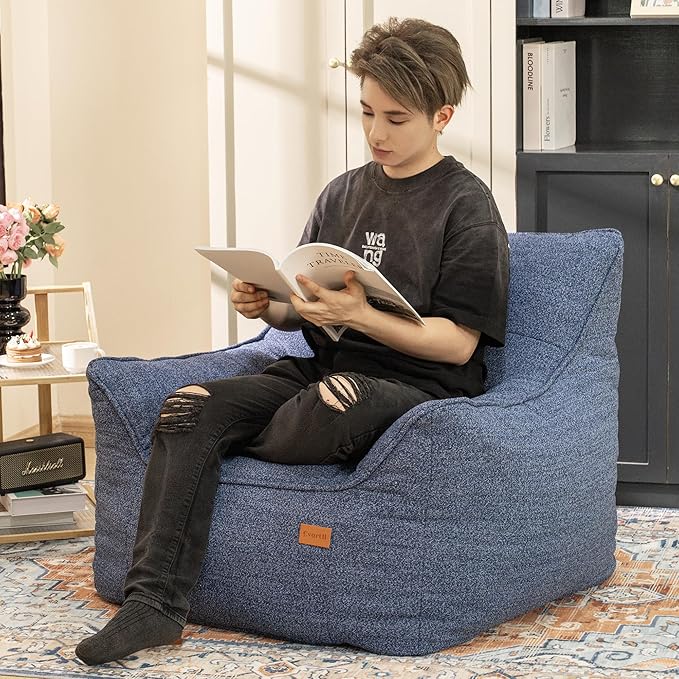 Denim Blue Chenille Memory Foam Bean Bag Armchair - Deep Recline Lounge Chair with Armrests for Reading Nook, Nursery, and Modern Home