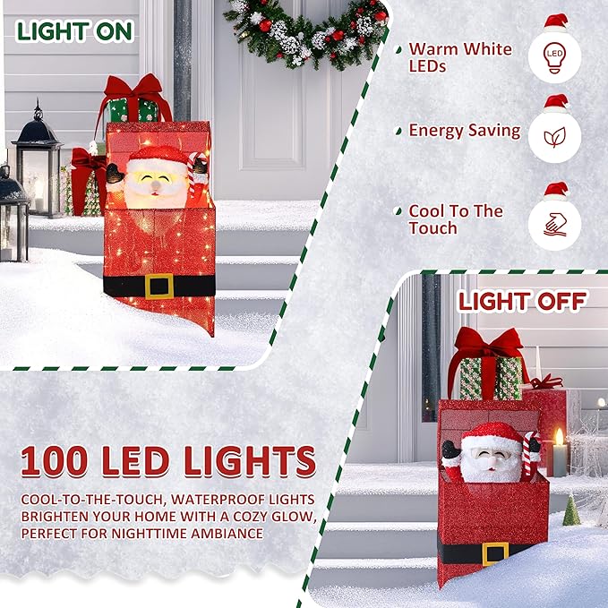 Red glitter illuminated Santa Claus gift box decor with warm white LED lights