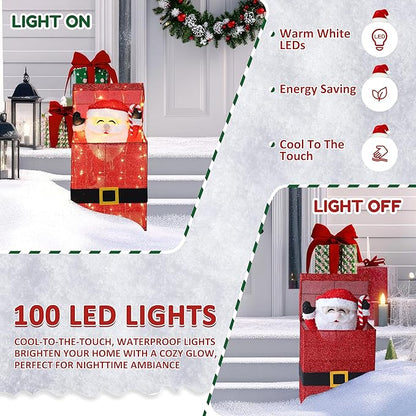 Red glitter illuminated Santa Claus gift box decor with warm white LED lights