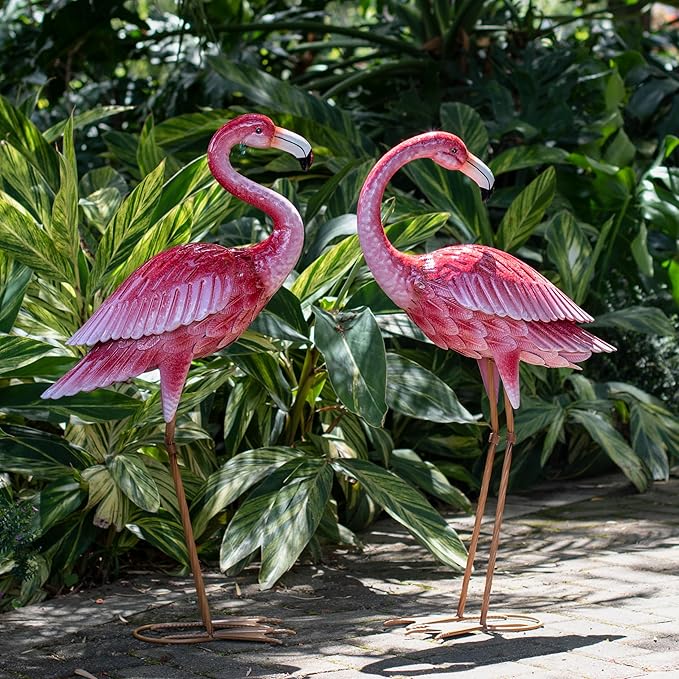 2-Pack Large Metal Flamingo Garden Statues - Textured Bird Yard Art and Event Decor