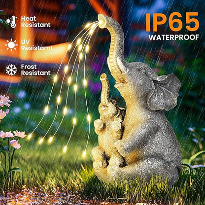 Solar Elephant Garden Statue with LED Light - IP65 Waterproof Resin Decor