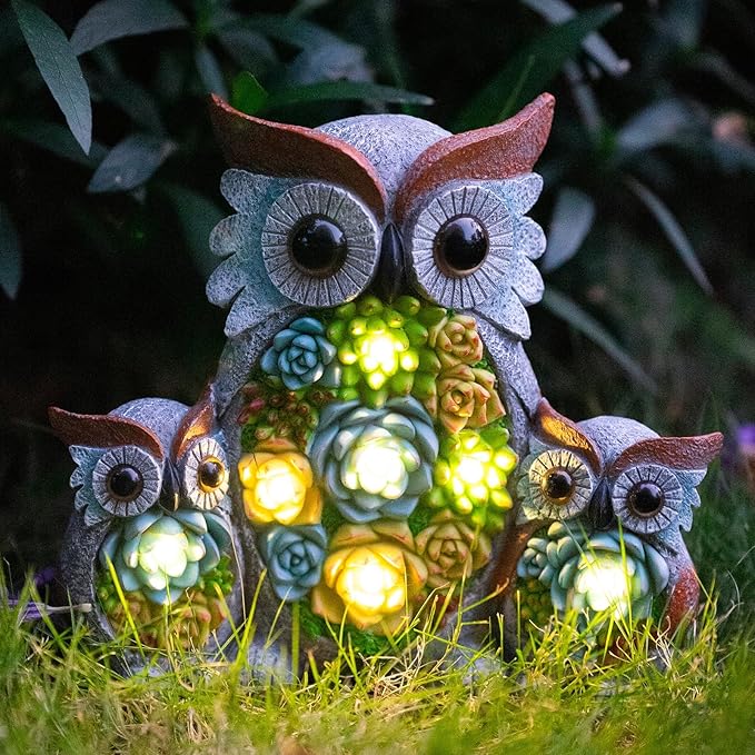 Solar Owl Garden Statue with Succulent LED Lights - IP65 Resin Outdoor Decor