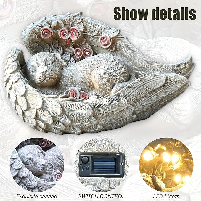 Solar Angel Dog Memorial Statue - Sleeping Dog with Angel Wings Resin Garden Decor