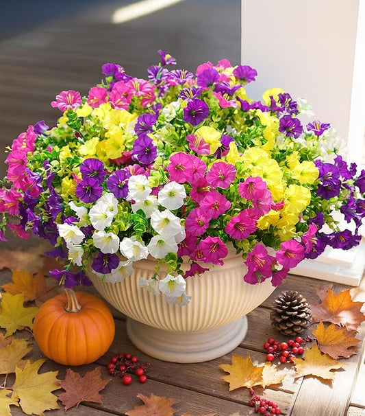 Faux morning glory arrangement in cream ribbed planter bowl, mixed purple yellow pink blooms