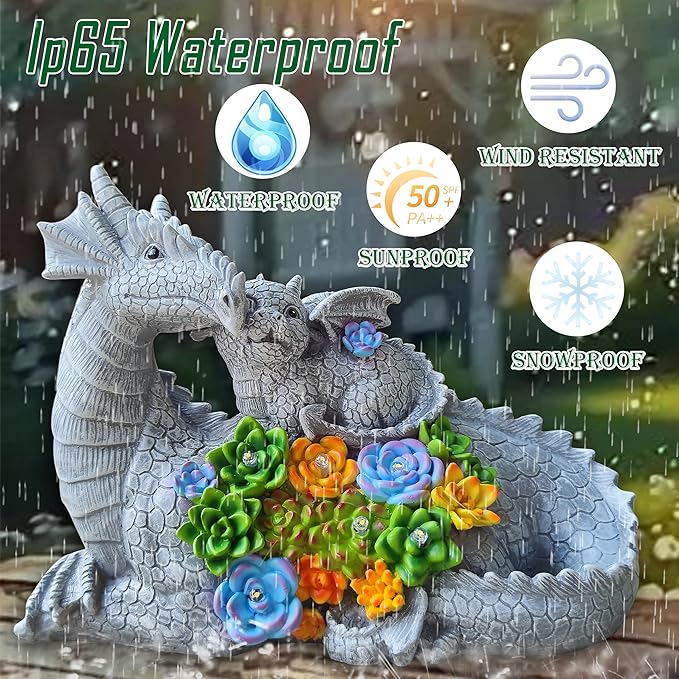 Solar LED dragon garden statue with two dragons and succulent bouquet, weatherproof for outdoors