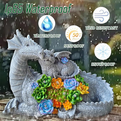 Solar LED dragon garden statue with two dragons and succulent bouquet, weatherproof for outdoors
