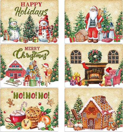 Set of 6 Christmas plastic placemats with retro holiday scenes and snowman artwork