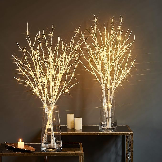 White Birch Lighted Branch for Vase – 32" 150 LED Warm White | Flexible Timer & Dimmer | Nordic Christmas Centrepiece Indoor Outdoor Decor