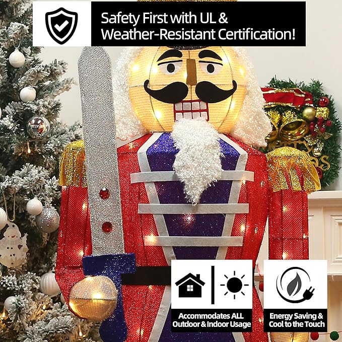 Close-up lighted nutcracker decor with red coat, blue sash, white beard, and warm LEDs