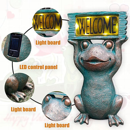 Solar Frog Garden Statue with Welcome Sign - 11.5-Inch Resin Outdoor Decor