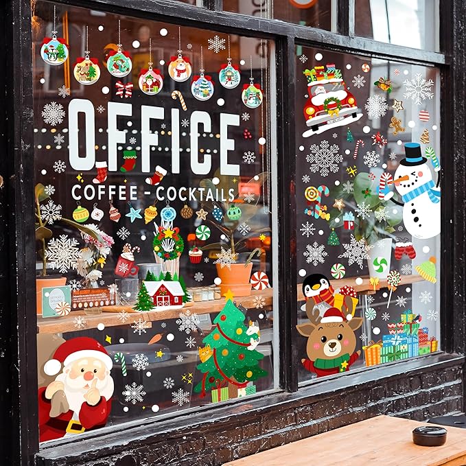 Christmas window clings with snowflakes, snowman, penguin, reindeer and holiday ornaments