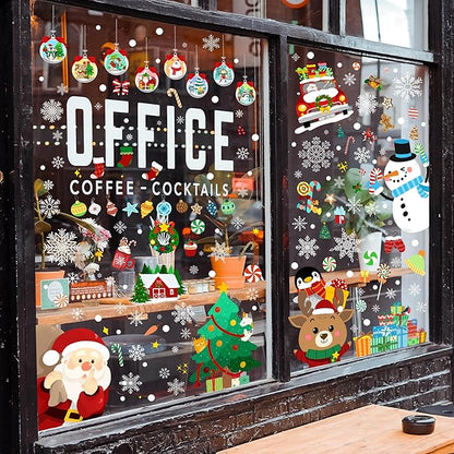 Christmas window clings with snowflakes, snowman, penguin, reindeer and holiday ornaments