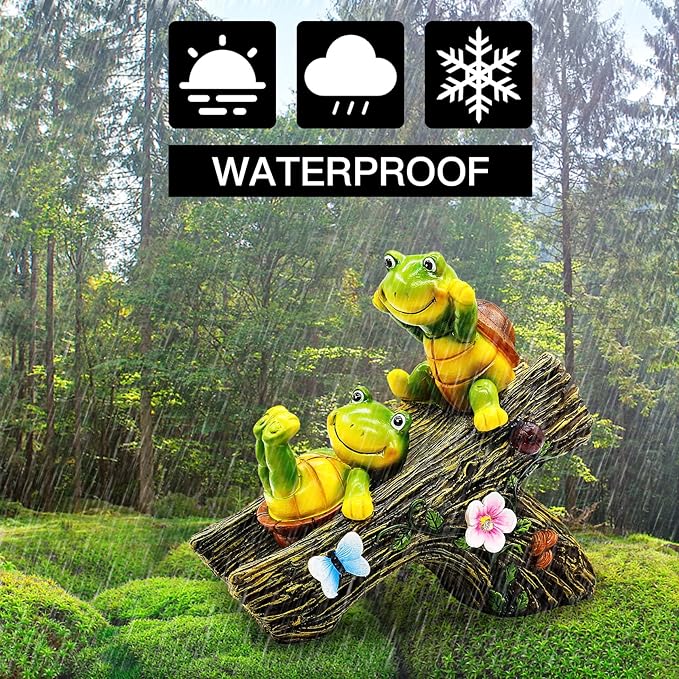 Solar Turtle Garden Statue with Two Turtles on a Slide and 4 LED Lights - Resin Outdoor Decor
