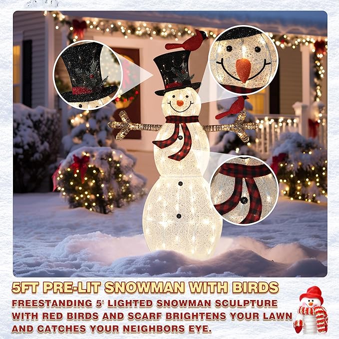 Pre-lit glitter white snowman with red birds and black top hat, standing in snow