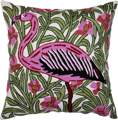 Flamingo floral embroidered pillow cover, multicolor stitched design on cream base