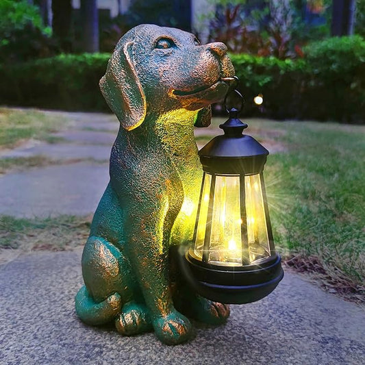 Solar Dog Garden Statue Holding Lantern - Hand-Painted UV-Resistant Resin Outdoor Decor Gift