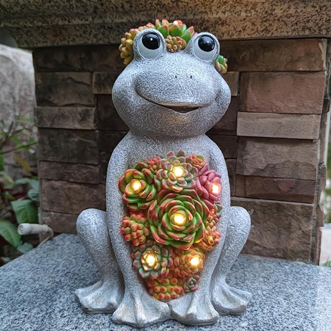 Large Frog Solar Garden Light with Succulents - Hand-Painted Resin Figurine with 8 Warm White LEDs for Lawn, Patio, Yard, and Balcony
