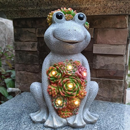 Large Frog Solar Garden Light with Succulents - Hand-Painted Resin Figurine with 8 Warm White LEDs for Lawn, Patio, Yard, and Balcony