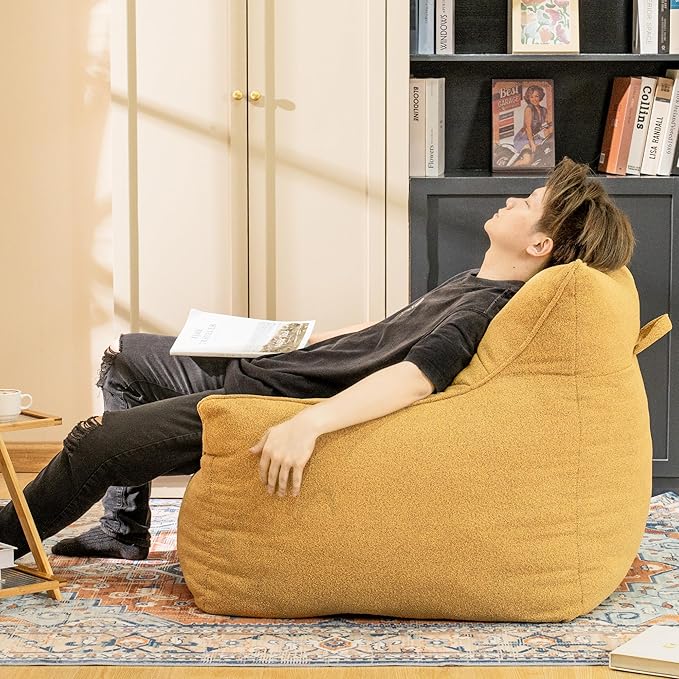 Mustard Chenille Cushioned Bean Bag Armchair - Structured Memory Foam Lounge Chair for Maximalist Interiors, Reading Nook, and Warm Eclectic Spaces