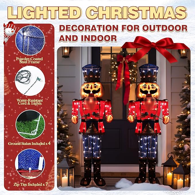 Pair of pre-lit nutcracker soldiers in red uniforms with blue pants and warm white lights