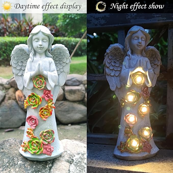 Angel Solar Garden Statue with Succulent Accents and 6 LED Lights